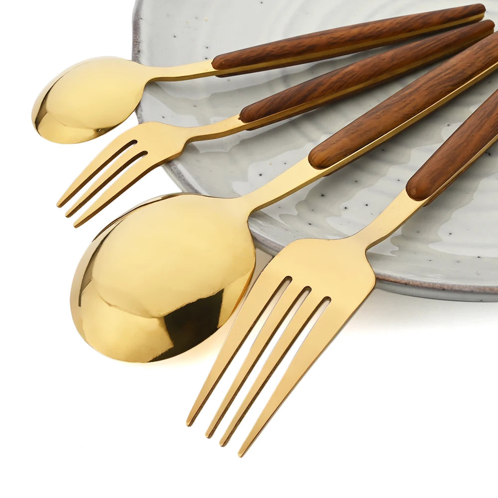 16/24/36Pcs Dinnerware Set Stainless Steel Imitation Wooden Handle Clamp Western Knife Fork Spoon Cutlery Tableware Silverware