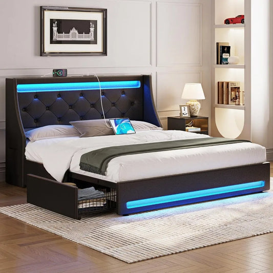 Luxury LED-lit Queen Size Bed Frame with Charging Station, PU Leather Bed Base and Storage Drawers, Wooden Slats Support, Quiet