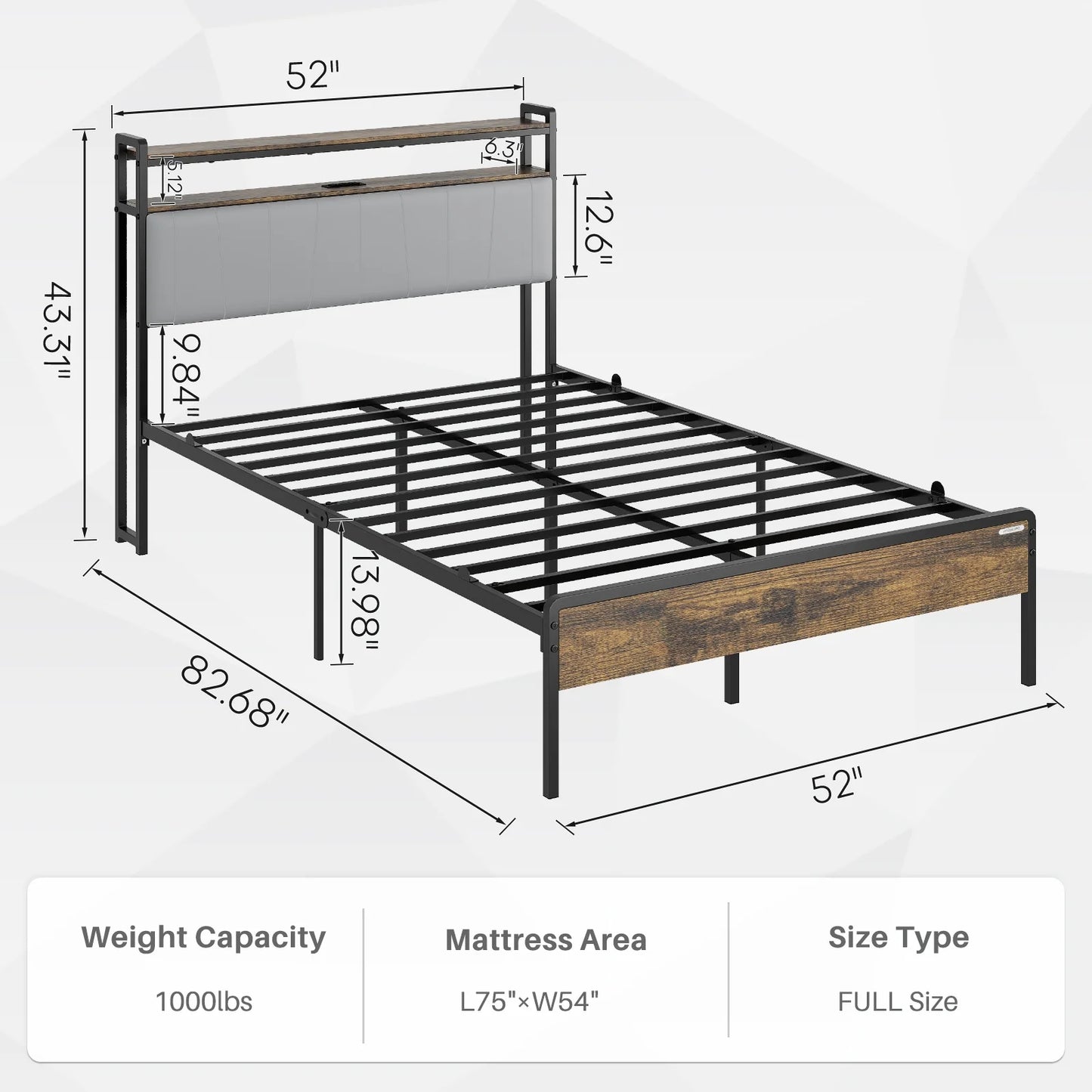 Redlife Full Size & Queen Bed Frame w/ Upholstered Headboard Metal Bed Frame w/ Charging Station Noise Free No Box Spring Needed