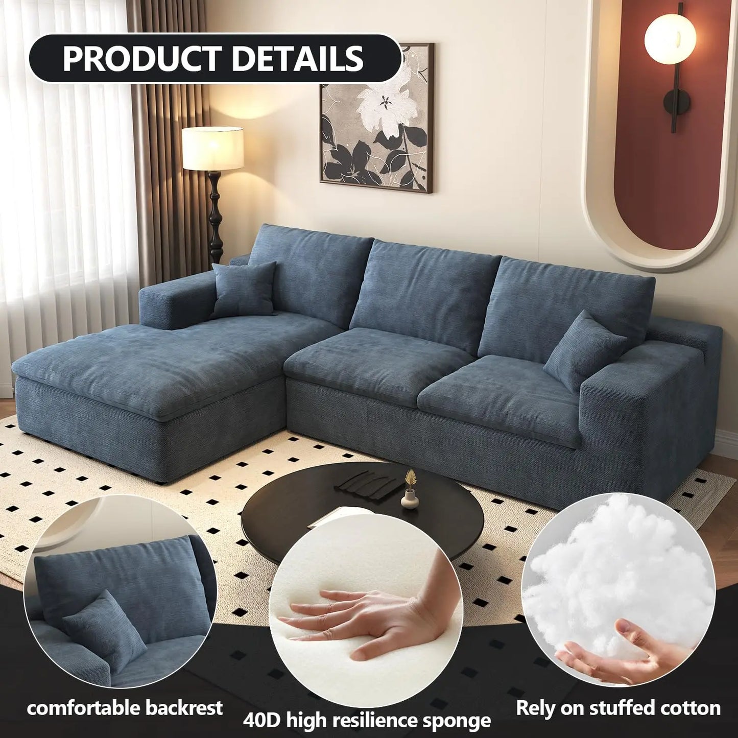 107'' L-Shaped Modern Modular Sectional Sofa Cloud Couch 4-Seat Chenille Deep-Seat Living Room Couch with Pillow Customized