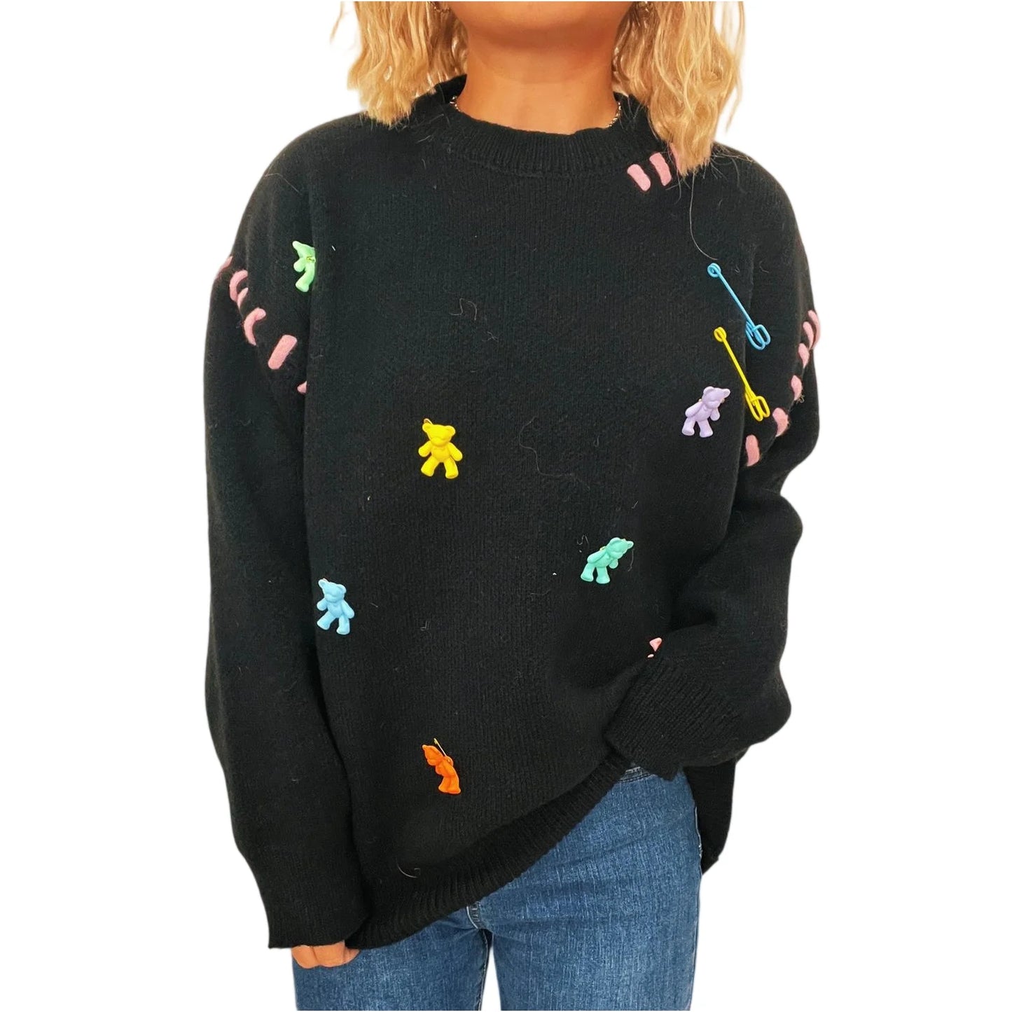 Women'S Fashion Casual Loose Versatile Bear Decoration Handmade Drawstring Long Sleeve Round Neck Pullover Sweater Pulls Femmes