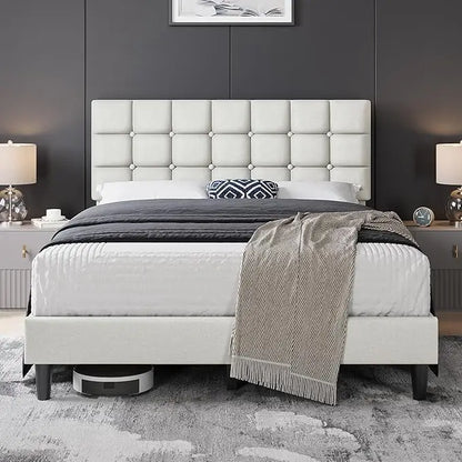 Upholstered Bed Frame, Modern Queen Bed Platform with Square Stitched&Button Tufting Headboard Height Adjustable, Wooden