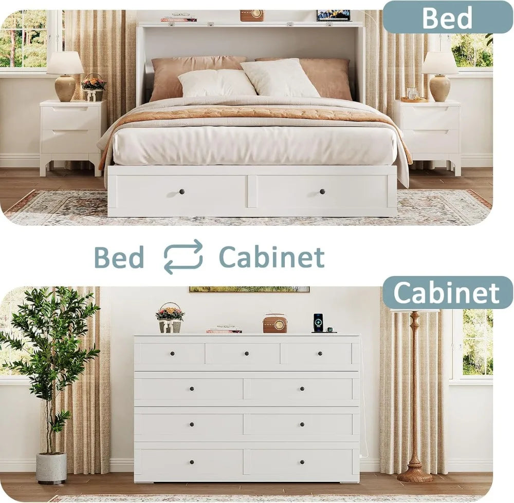 Queen Murphy Bed with Storage & Charging Station, Foldable Cabinet for Guest Room, Living Room, Office - Distressed White