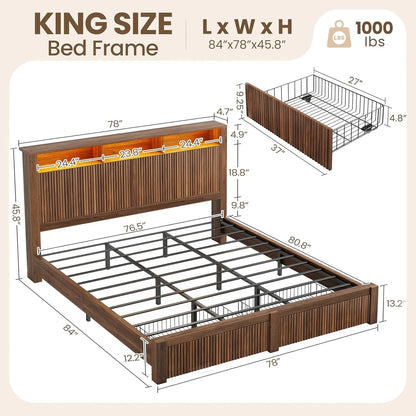 King Bed Frame and Headboard& 2 Storage Drawer, King Size Bed Frame with LED Light and Charging Port, Farmhouse, Customized