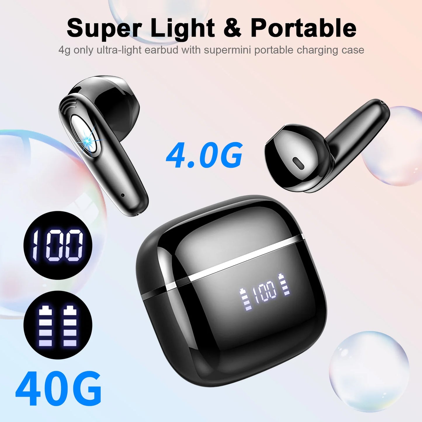 DRSAEC Wireless Earbuds, Bluetooth 5.3, 4 ENC Noise Canceling Mic, 40H LED Display Charging Case, IP7 Waterproof in-Ear Earbuds.