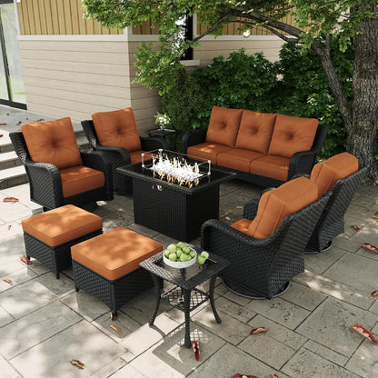10 Pieces Outdoor Patio Furniture Sets with Rocking Swivel Chairs with 6-inch Thick Cushion and Fire Pit Table for, Customized