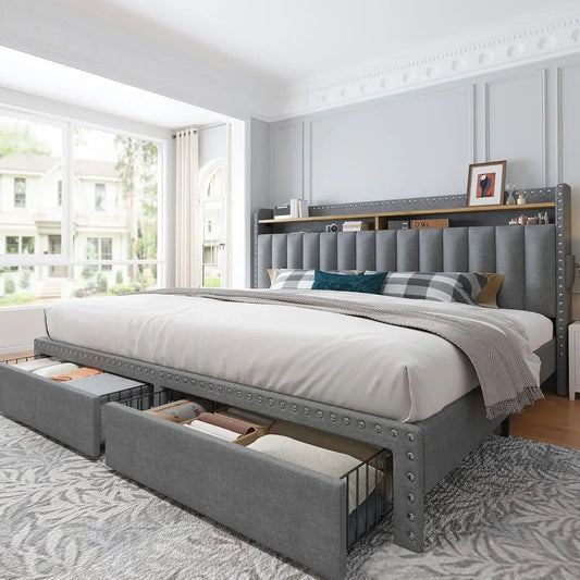 King Size Bed Frame, Upholstered King Bed Frame with 2 Storage Drawers and 2-Tier Headboard, Vertical Tufted Headboard Design