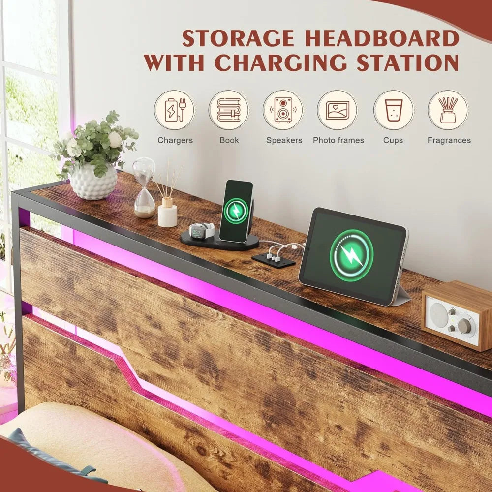 Bed Frame with Headboard,Bed Frame Queen Size with LED Lights & Charging Station & 13" Under Bed Storage, All-Metal Support