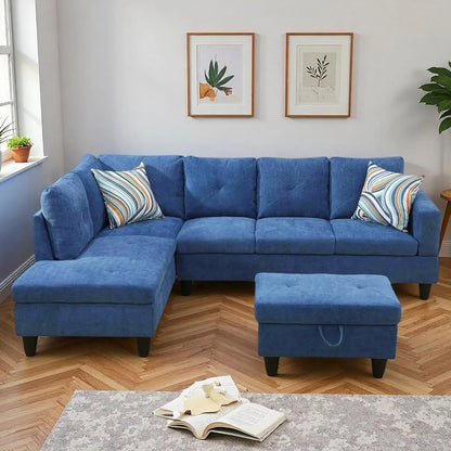 Blue L-Shaped Sectional Sofa with Movable Chaise & Storage Ottoman, Modular Convertible Couch for Living Room