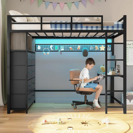 Twin Loft Bed with Desk, 8 Drawers, LED Lights, and Charging Station - Metal Storage Bed