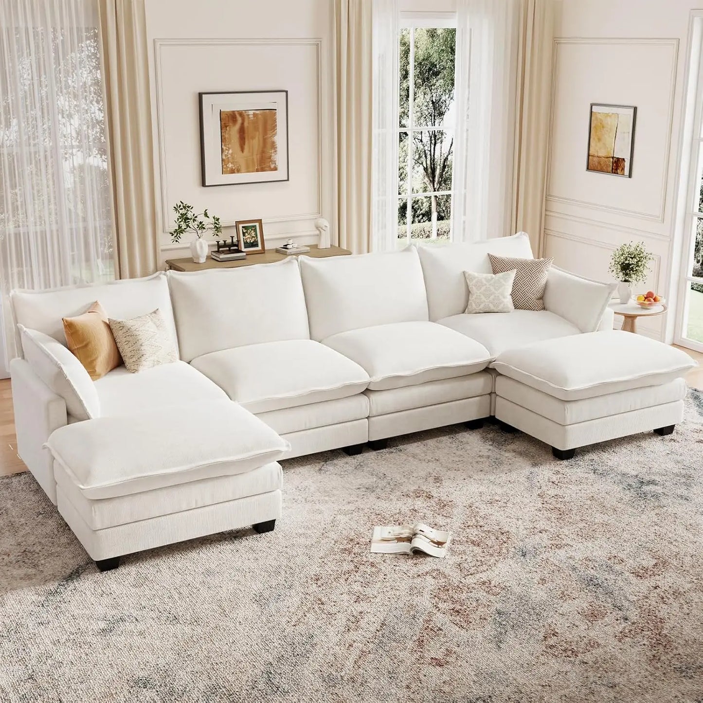 Modular Sectional U Shaped Sofa Couches for Living Room, Cloud Couch with Movable Ottoman, Comfy Chenille Sofa , Customized