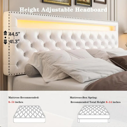 LED Bed Frame with 4 Drawers, RGB LED Light Headbaord Footboard, Adjustable Upholstered Headboard Diamond Bed Frame