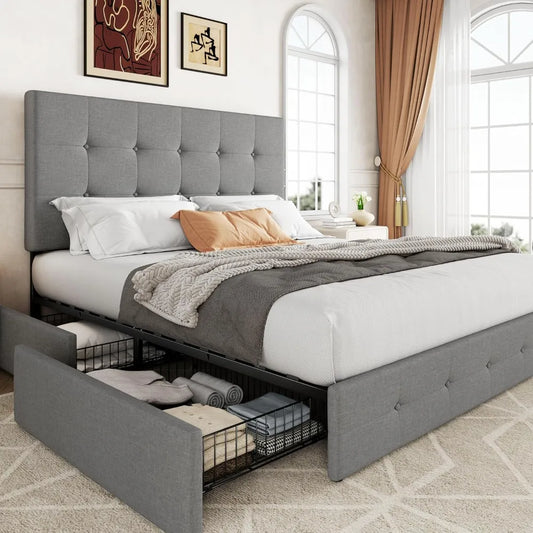 Upholstered Queen Size Platform Bed Frame with 4 Storage Drawers and Headboard, Square Stitched Button Tufted