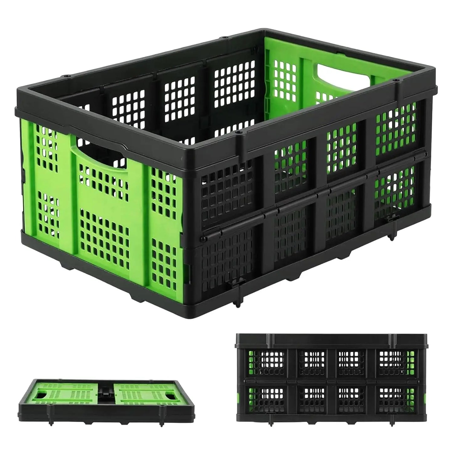 55L Heavy-Duty Collapsible Plastic Crate Foldable Storage Basket with Side Handles, Stackable Design for Food Drinks Books Tools