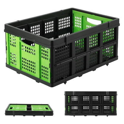 55L Heavy-Duty Collapsible Plastic Crate Foldable Storage Basket with Side Handles, Stackable Design for Food Drinks Books Tools