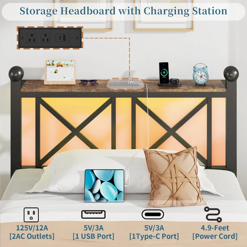 Bed Frame with LED Lights, Heavy Duty Metal Bed with Headboard and Footboard, Storage Shelf with Charging Station
