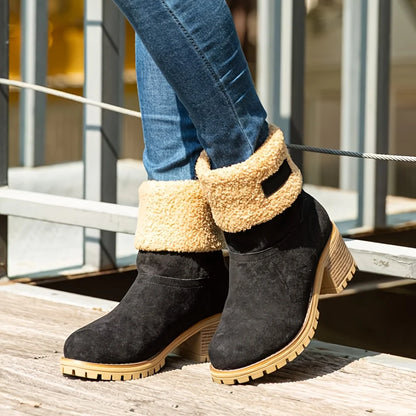 Winter Faux Fur Snow Boots For Women Platform Block Chunky Heels Pull On Comfortable Outdoor Suede Warm Boots