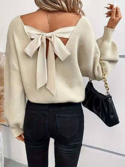 Autumn and Winter New Fashion Woman Sweater V-neck Solid Color Long-Sleeve Relaxed-Fit Bow Top