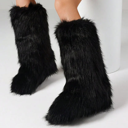 Furry Fluffy Women Snow Boots Warmplush Knee High Flats Luxury Fashion Punk Goth Cosplay Women Winter Shoes