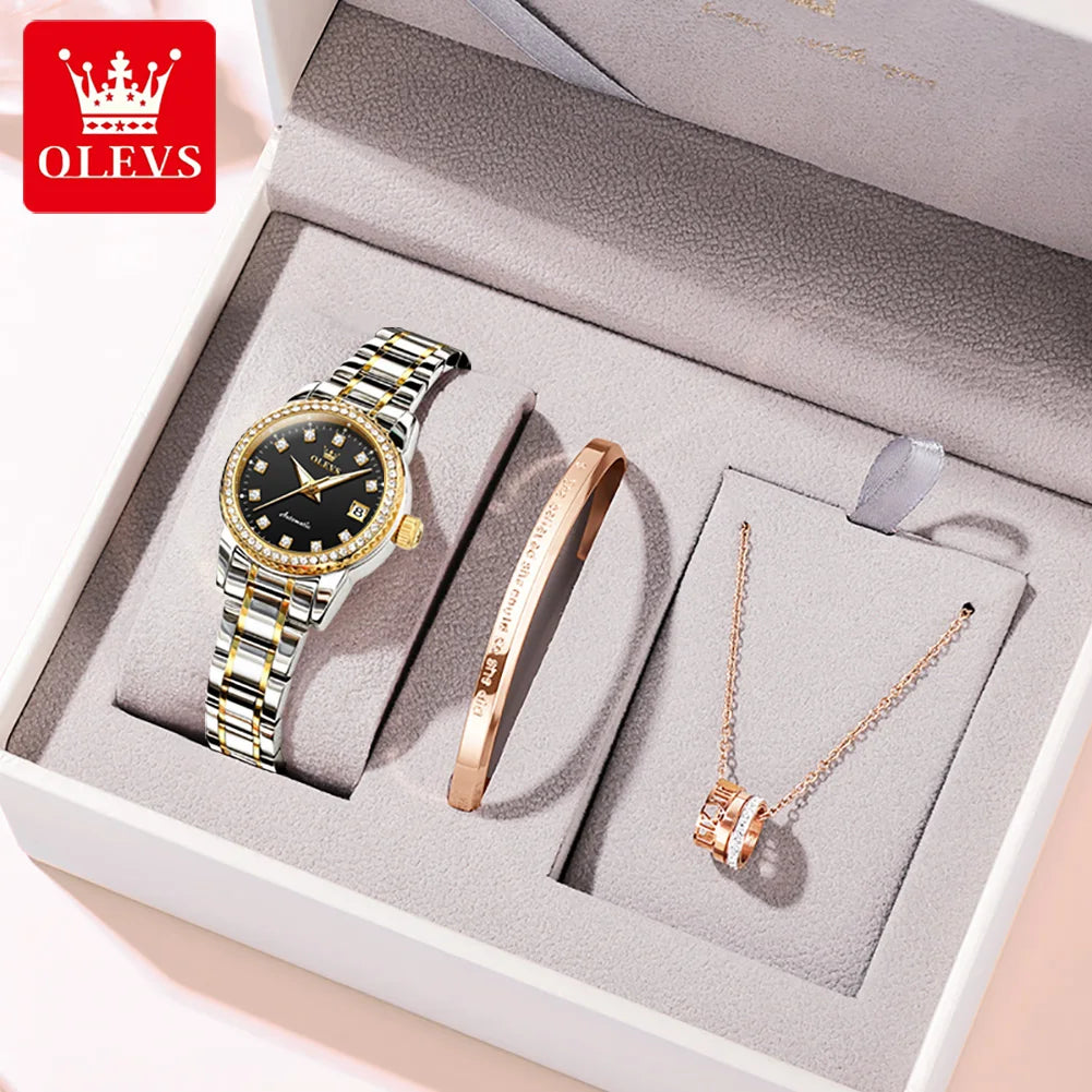 OLEVS Automatic Watch for Women Diamond Gold Luxury Stainless steel Elegant Original Women's Automatic Watch Necklace Gift Set