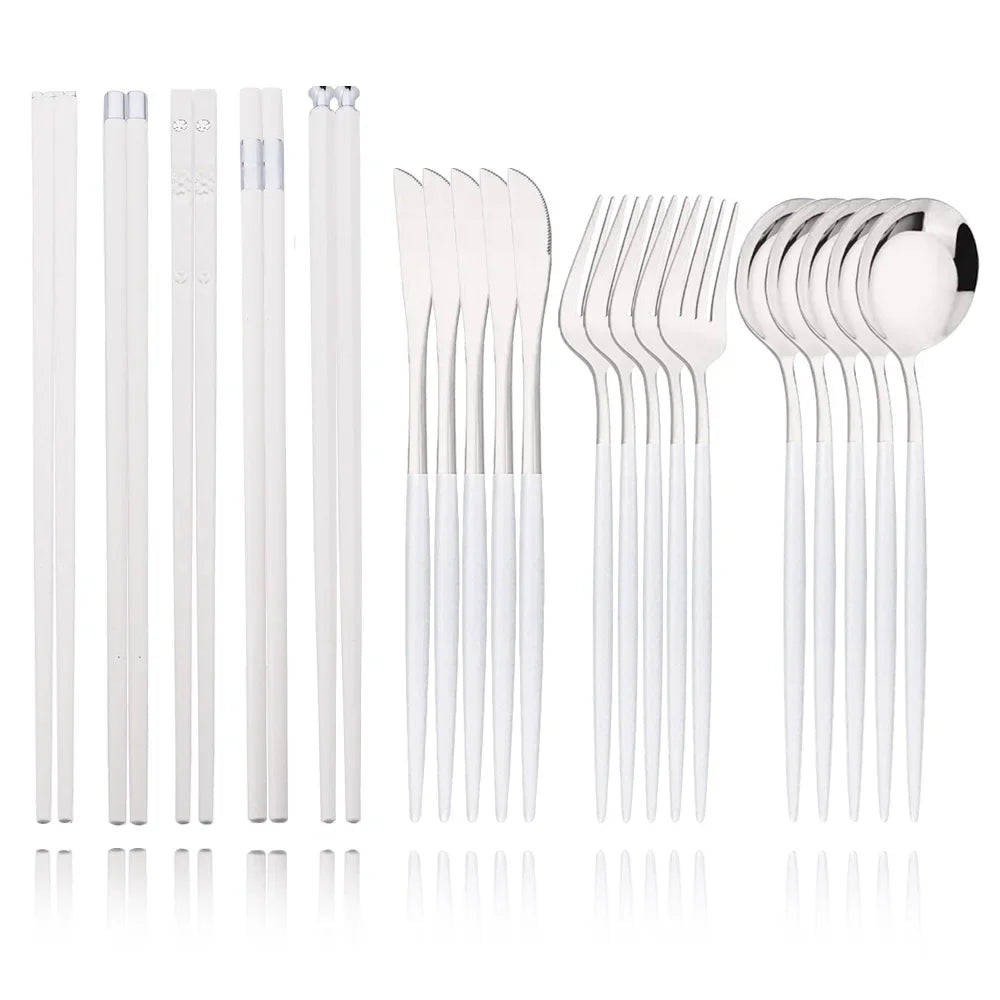 15-20Pcs Korean Dinnerware Set Black Silver Cutlery Set Chopsticks Knife Fork Spoon Stainless Steel Luxury Tableware Set