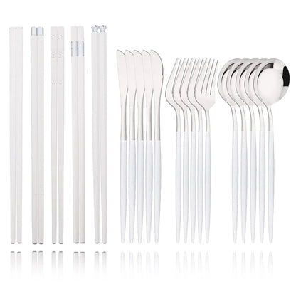 15-20Pcs Korean Dinnerware Set Black Silver Cutlery Set Chopsticks Knife Fork Spoon Stainless Steel Luxury Tableware Set