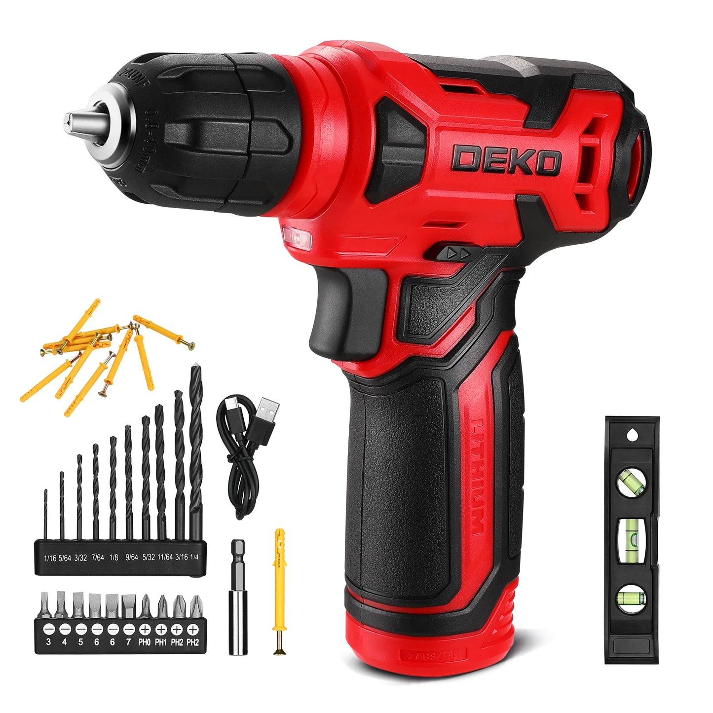 DEKO 8V Cordless Drill Set Mini Power Driver with 3/8"Keyless Chuck 42pcs Acessories Built-in LED Power Drill for Drilling