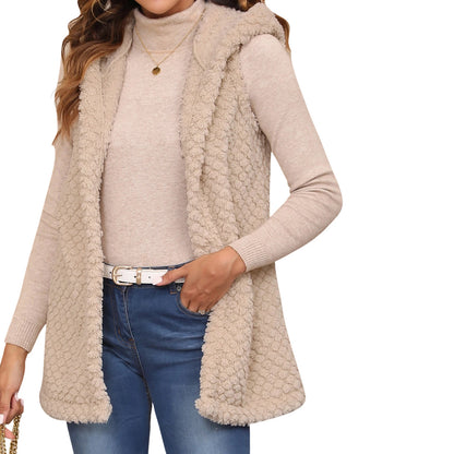 Women s Winter Faux Fur Hooded Vest Coat Sleeveless Open Front Embossed Plush Jacket with Pockets and Belt