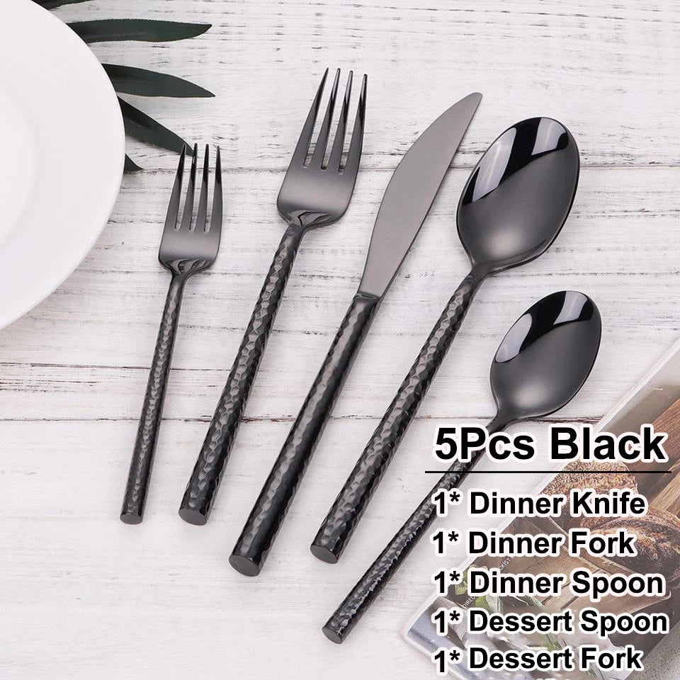 5/10/15/20Pcs Gold Heavy Cutlery Sliver Dinner Set Stainless Steel Tableware Mirror Western Hammer Pattern Handle Knife Fork