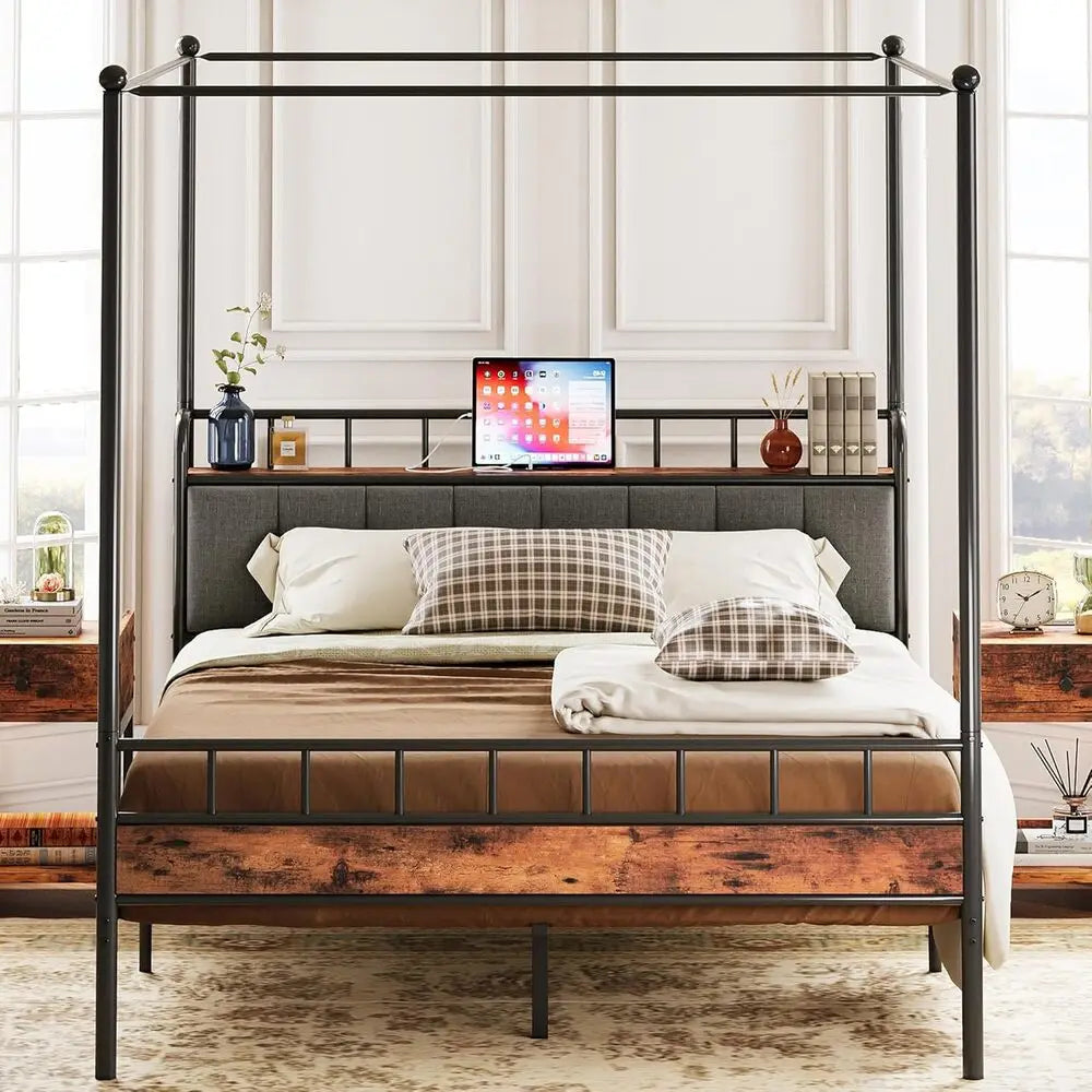 LIKIMIO Canopy Bed Frame Queen, Storage Headboard with Charging Station, Platform Bed with 4 Removable Sturdy Posts, Noise Free