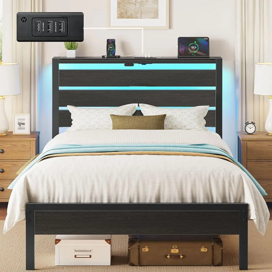 Rolanstar Bed Frame Twin Size with USB Charging Station, LED Bed Frame with Wood Storage Headboard, Black Metal Platform Bed wit