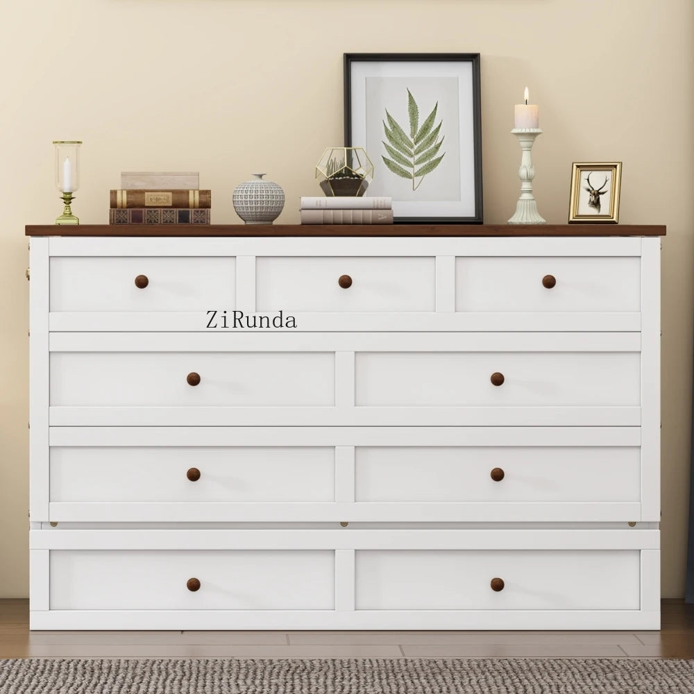 Solid Pine Murphy Bed Chest with Charging Station and Large Storage Drawer for Home Office or Small Room , Queen, White+Walnut