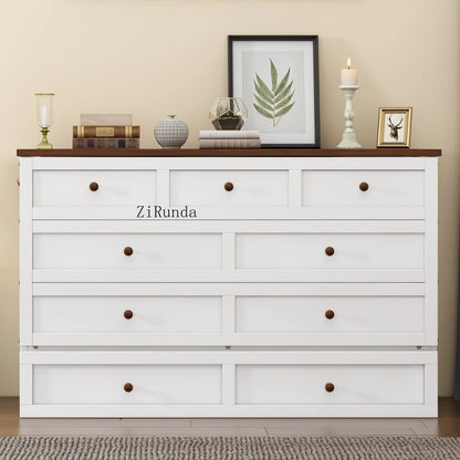 Solid Pine Murphy Bed Chest with Charging Station and Large Storage Drawer for Home Office or Small Room , Queen, White+Walnut
