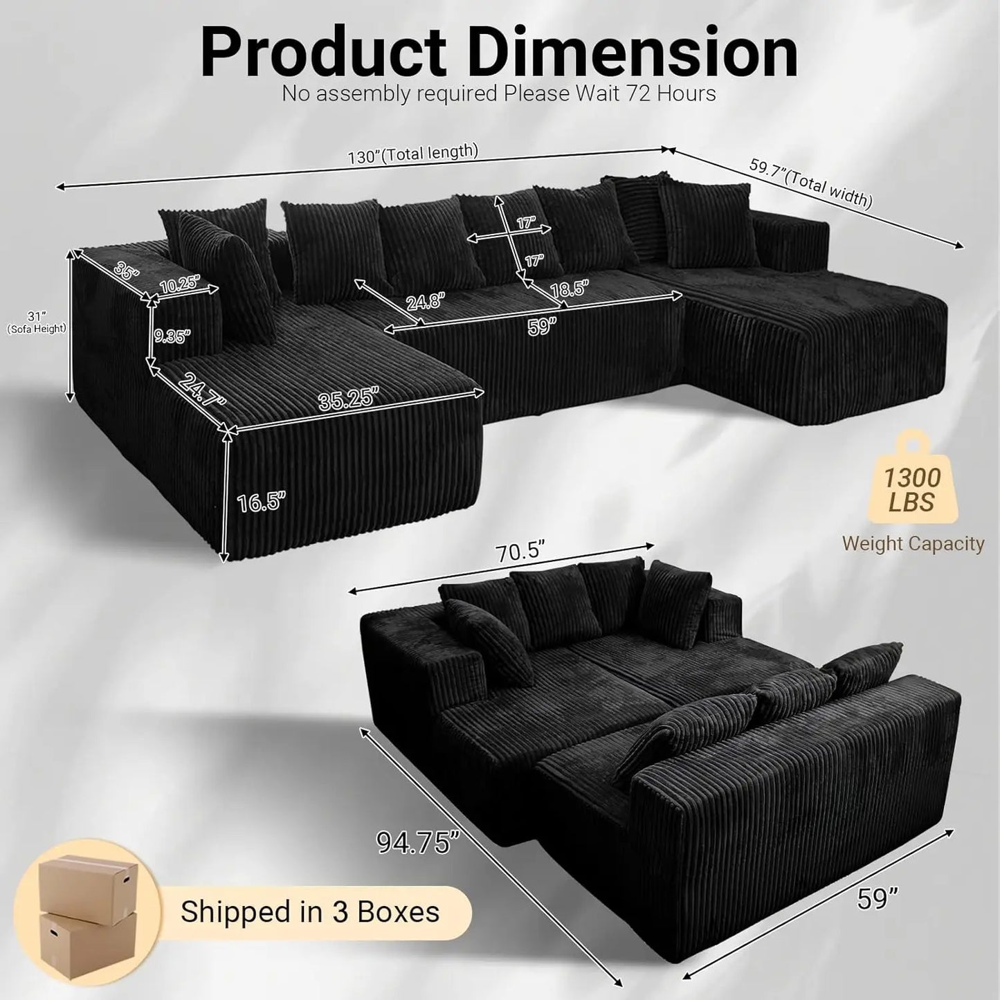 130" U Shaped Boneless Couch, Cloud Boneless Sectional Couches for Living Room, Modular Spineless Sofa Bed with, Customized