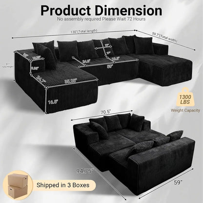130" U Shaped Boneless Couch, Cloud Boneless Sectional Couches for Living Room, Modular Spineless Sofa Bed with, Customized
