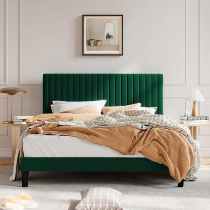 HOOMIC Upholstered Platform Bed Frame with Vertical Channel Tufted Velvet Fabric Adjustable Headboard Allewie