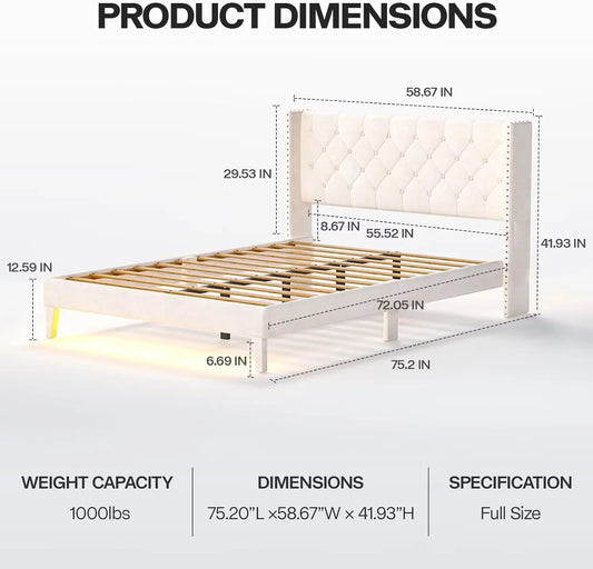 Full Size LED Bed Frame with Velvet Upholstery, Tufted Headboard, Wooden Slats, and Under-Bed Storage in Beige