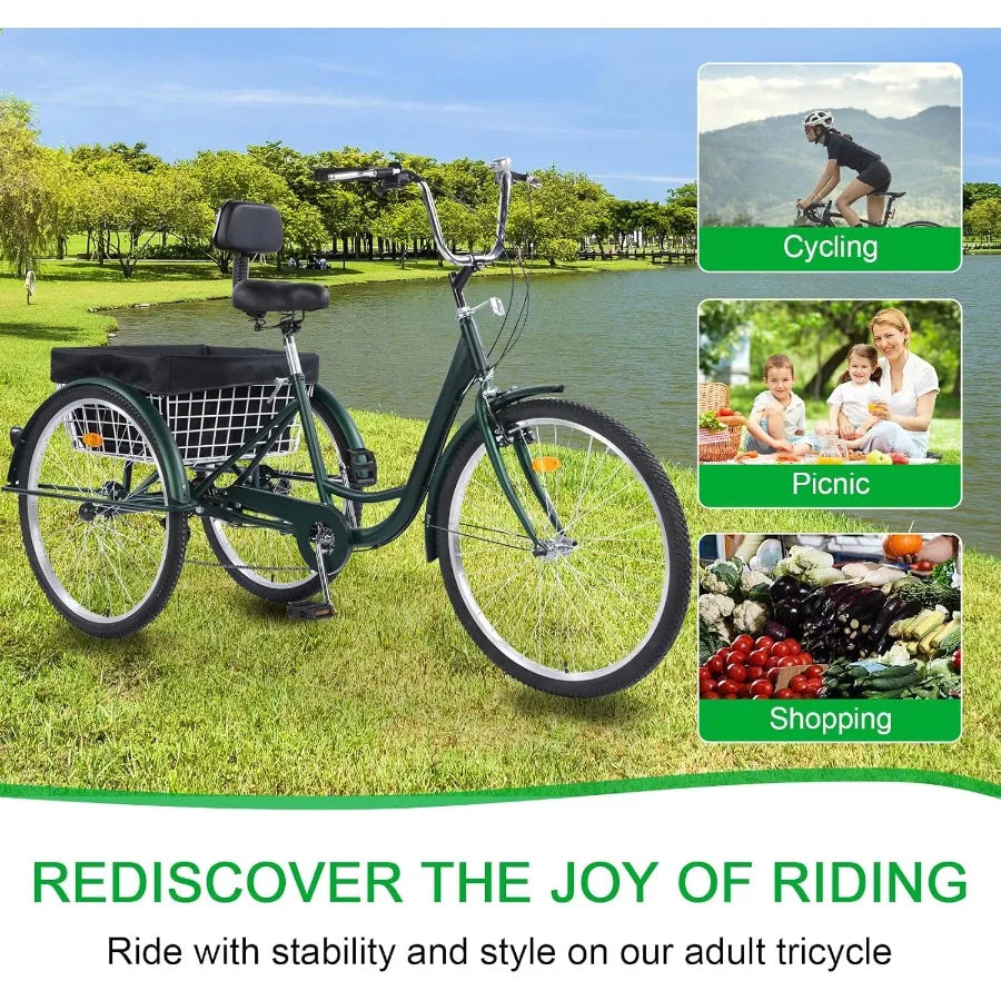 Adult Tricycle Bike 7 Speed 24/26 Inch 3 Wheel Bikes for Adults Stable and Comfortable Cruiser Trike for Women/Men/Seniors Idea