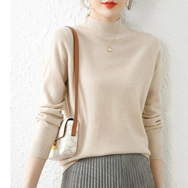 New Half Turtleneck Basic Women Sweater Fashion Pullover Long Sleeve Knitted Loose Top Jumper Casual Solid Simple Autumn Clothes
