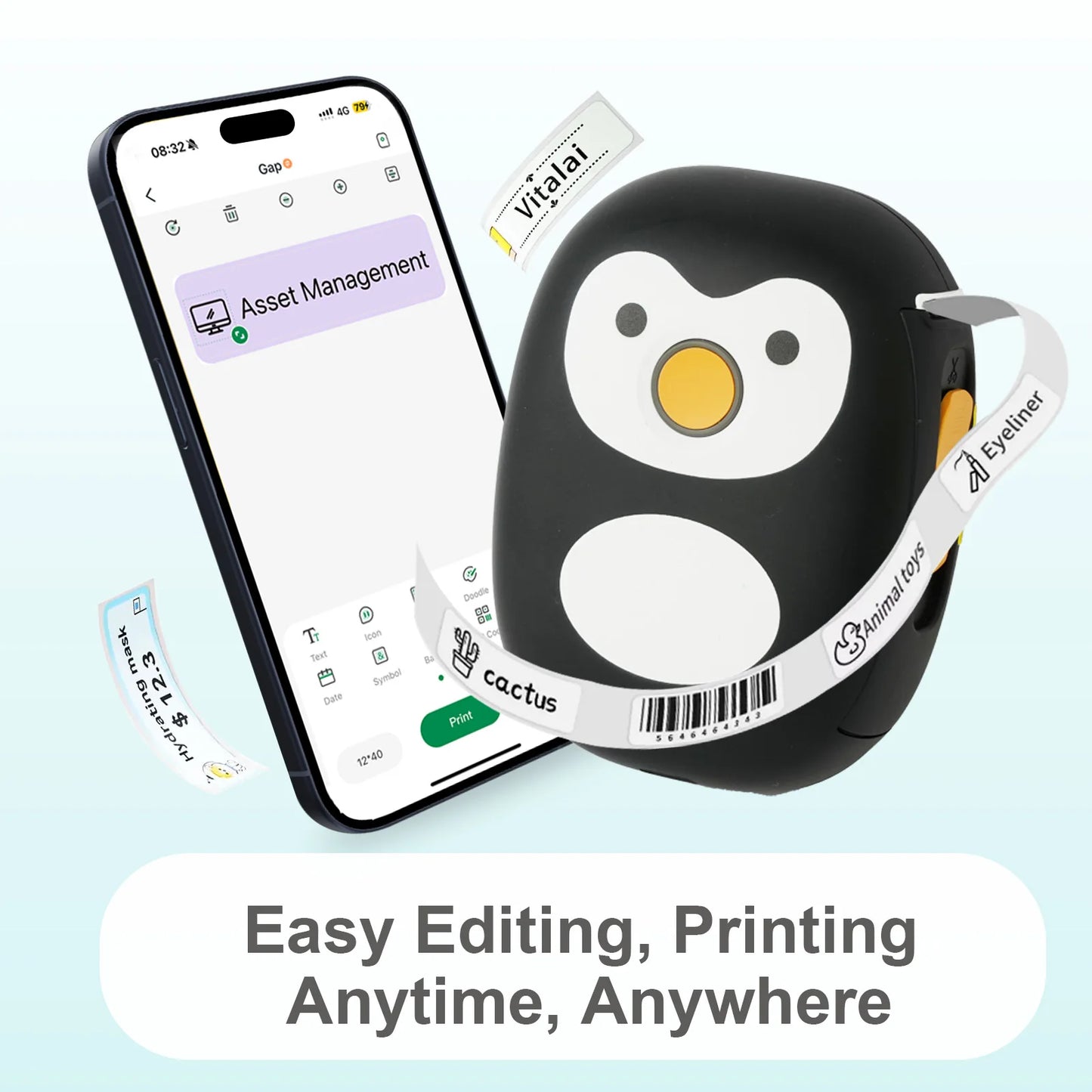 Thermal Label Printer MIni Portable Bluetooth Wireless Label Maker Inkless Printer Machine With 1roll Stickable Label Paper