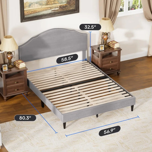 Full Platform Bed Frame with Fabric Headboard and Wooden Slats Support, Fully Upholstered No Box Spring