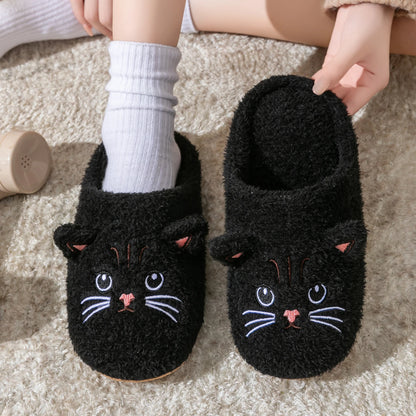 Cute Cat Design Plush Ladies Slippers Autumn And Winter Indoor Floor Non-Slip Soft Bottom Comfortable Warm Home Shoes for Unisex