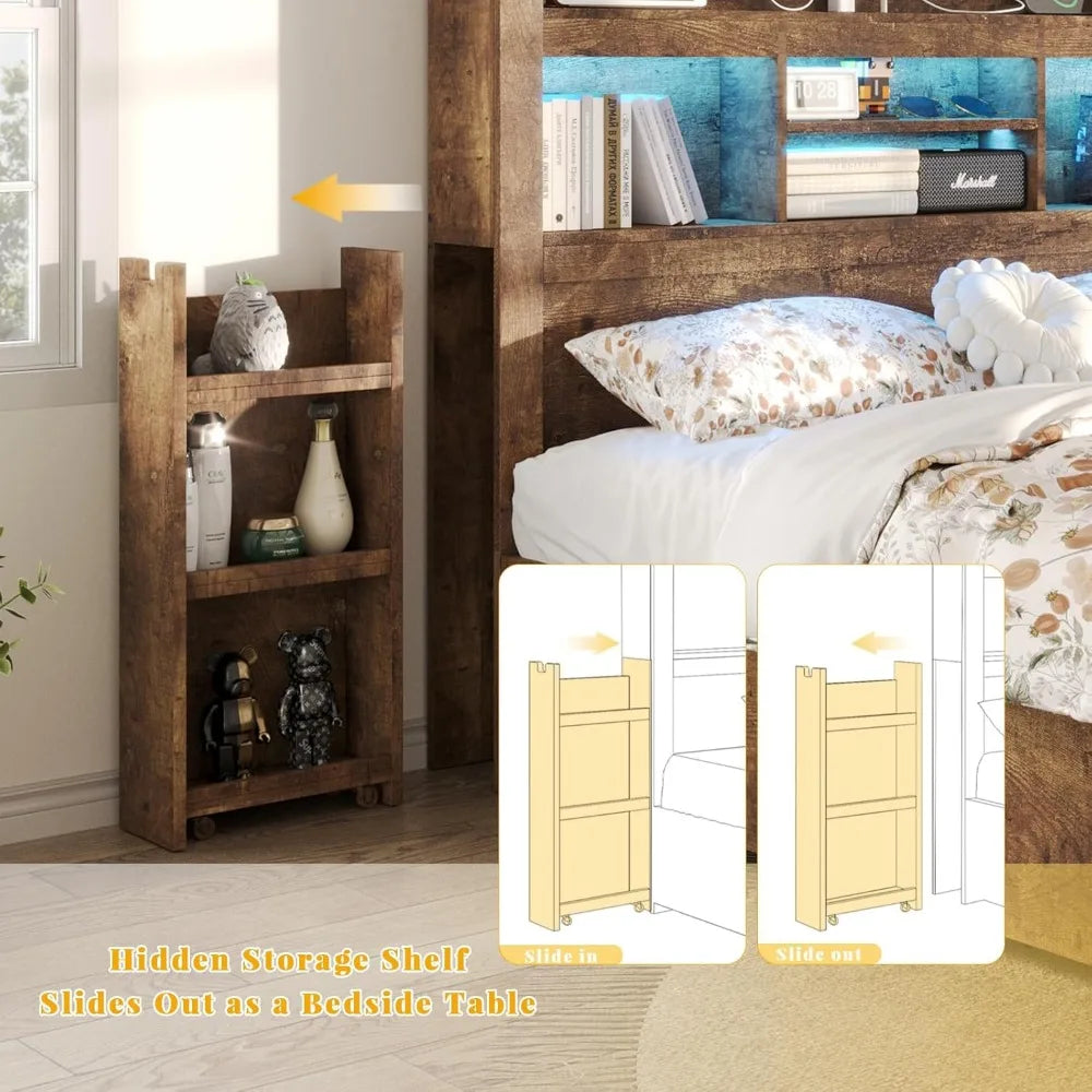 King Bed Frame with 49.6 Bookcase Headboard & 2 Bedside Stoage Racks & 4 Drawers, Farmhouse Wood Bed Frame with RGB LED & Chargi