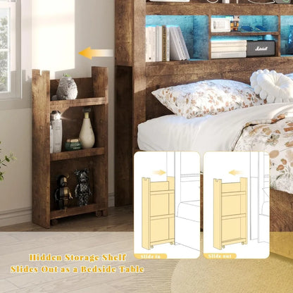 King Bed Frame with 49.6 Bookcase Headboard & 2 Bedside Stoage Racks & 4 Drawers, Farmhouse Wood Bed Frame with RGB LED & Chargi