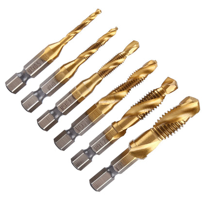 6pcs Metric Thread M3-M10 Titanium Coated HSS Drill and Tap Bits 1/4" Hex Shank