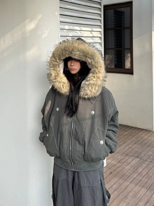 2000s Aesthetic Black Elegant Jacket Woman 2025 Winter Y2k Zip Up Hooded Design Harajuku Coat Female Loose Casual Chic Outfits