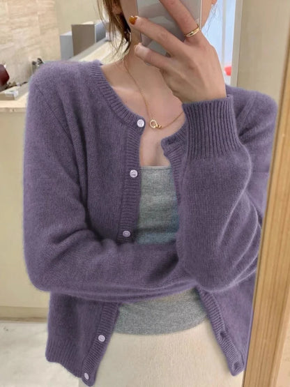 2025 Long Sleeve Vintage Y2k Tops Korean Knitted Cardigan Women's Autumn Winter Fashion O-Neck Versatile Slimming Basis Sweater