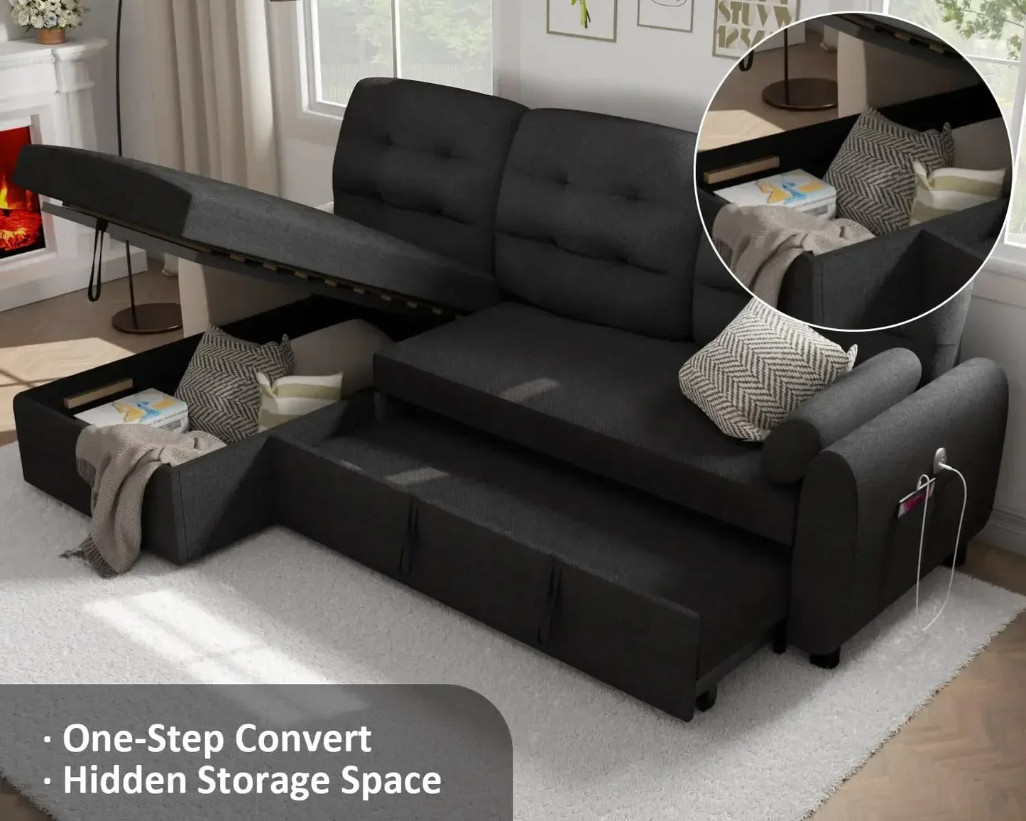Sectional Sofa Couch, 87" Sleeper Sofa Bed with Reversible Storage Chaise Pull Out Couch for Living Room Linen Fabric, Black