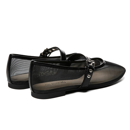 Mesh Ballet Flats for Women Square Toe Buckle Strap Mary Jane Flats Comfortable Casual Ballerina Shoes