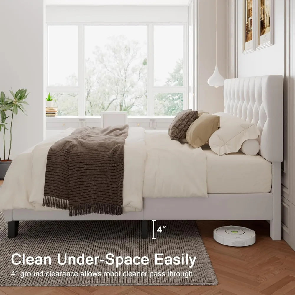 Upholstered Bed Frame with Headboard, Button Tufted Linen Bed Base, Platform Bed with Wood Slat, Heavy Duty,, Customized